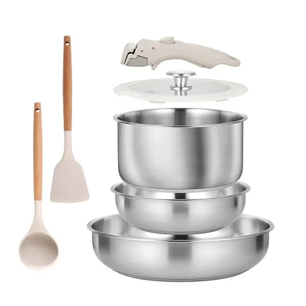Ensemble de casseroles et poêles en acier inoxydable de 7 pièces, ensemble de casseroles et poêles e