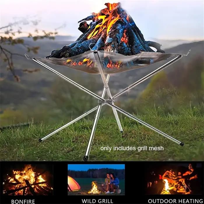Filet de foyer portable durable pour le camping en plein air, barbecue, foyer en acier, support de jardin, montage rapide, filet de barbecue de camping