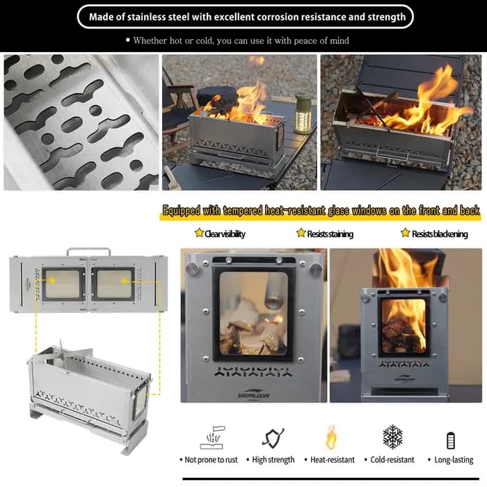 Soomloom Portable 0.5 unité feu de camp fosse en acier inoxydable poêle à bois pour tente cuisson barbecue chauffage extérieur cheminée multi-usage