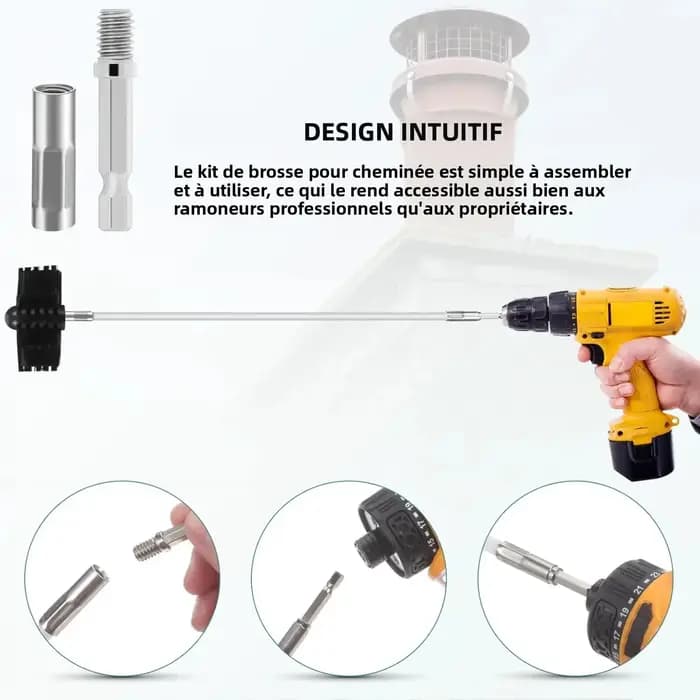 Kit de brosses pour nettoyage de cheminée avec têtes de brosse de 4 pouces et tiges extensibles flexibles pour conduits