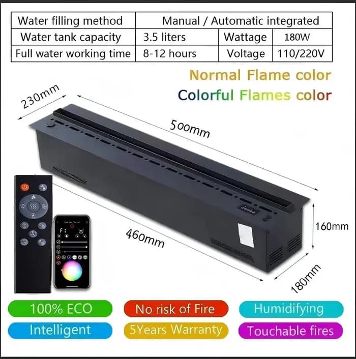 Cheminée à vapeur d'eau intelligente avec télécommande, effet de flamme 3D, lumière d'ambiance, sans
