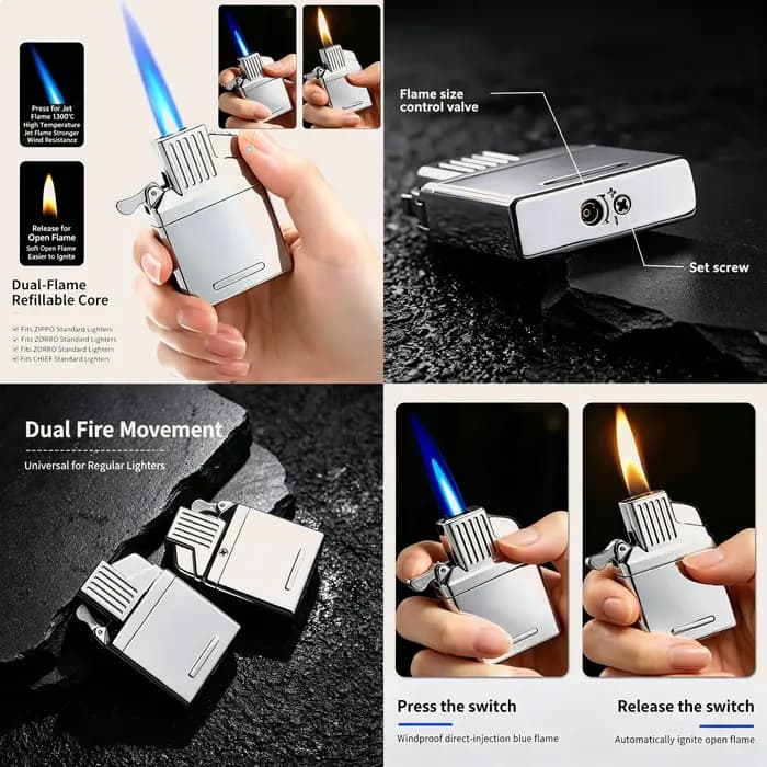 Insert de gaz métallique 2-en-1 à flamme douce et coupe-vent pour pièces de rechange de briquet Zorr