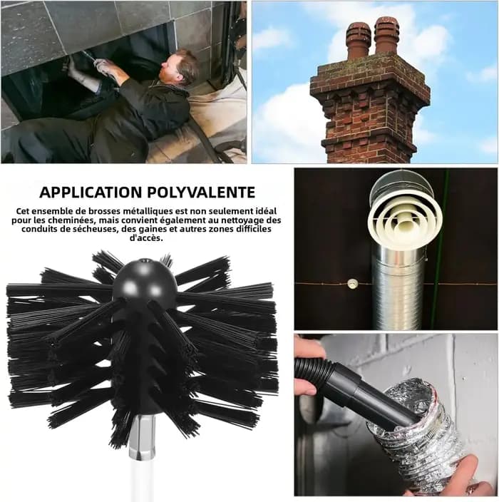 Kit de brosses pour nettoyage de cheminée avec têtes de brosse de 4 pouces et tiges extensibles flexibles pour conduits