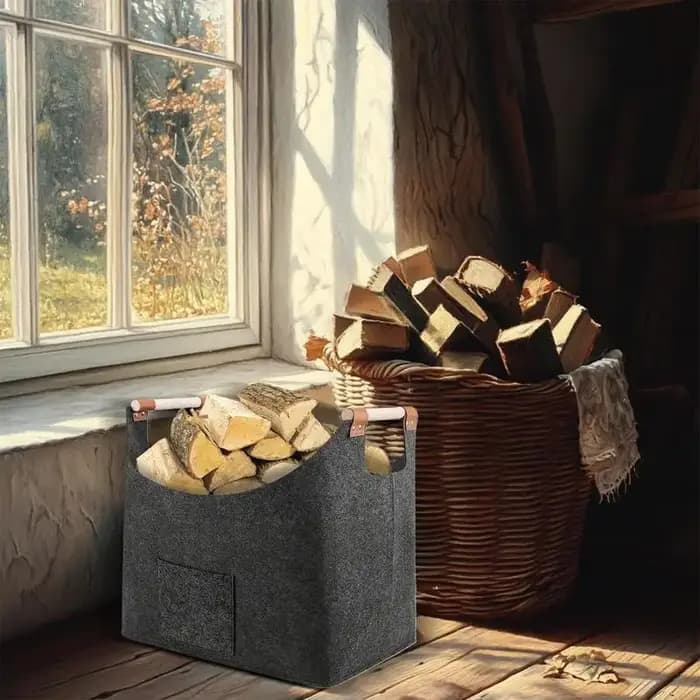 Panier en feutre, boîte à bois de chauffage avec poignées en bois