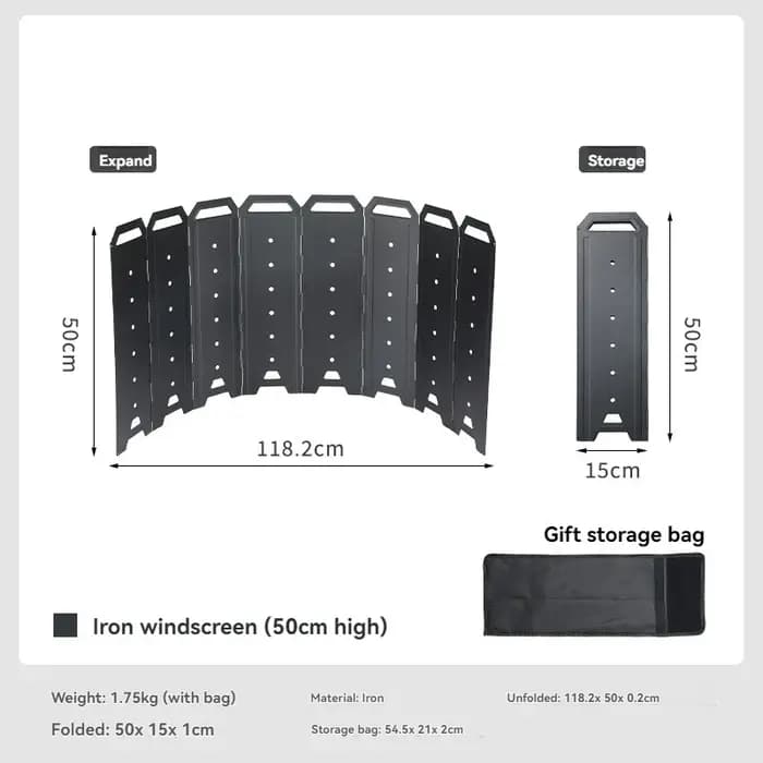 Paravent de camping grand format campingmYD-50 pour foyer et poêle à bois : Écran pare-vent en fer à 8 panneaux