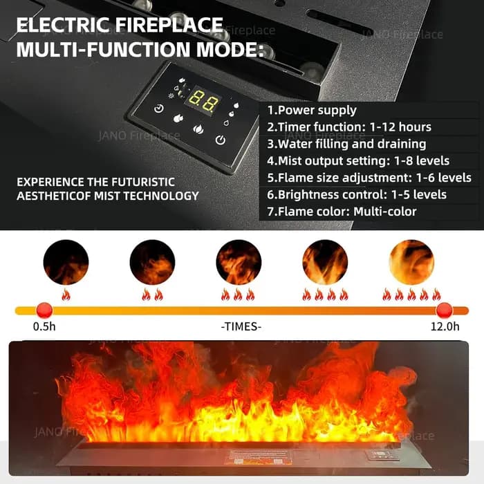 Cheminée à vapeur d'eau encastrée électrique avec flammes 3D colorées réglables