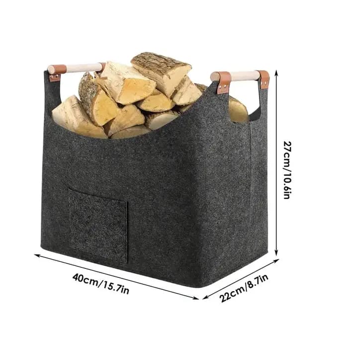 Panier en feutre, boîte à bois de chauffage avec poignées en bois, panier en bois pliable pour bois
