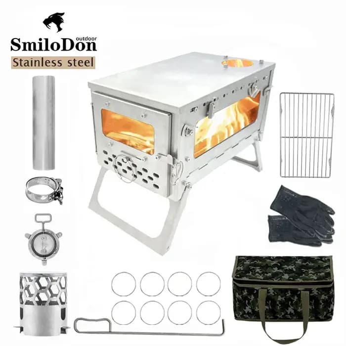 Smilodon-poêle à bois de chauffage pliant en acier inoxydable, poêle de tente de Camping Portable avec cheminée, brûleur à bois, four, brasero touristique