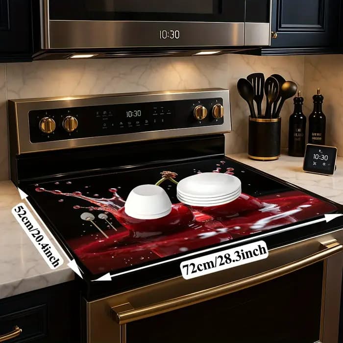 Housse de poêle Cherry Splash – Tapis en céramique résistant à la chaleur avec motif artistique cerise rouge pour cuisinières électriques