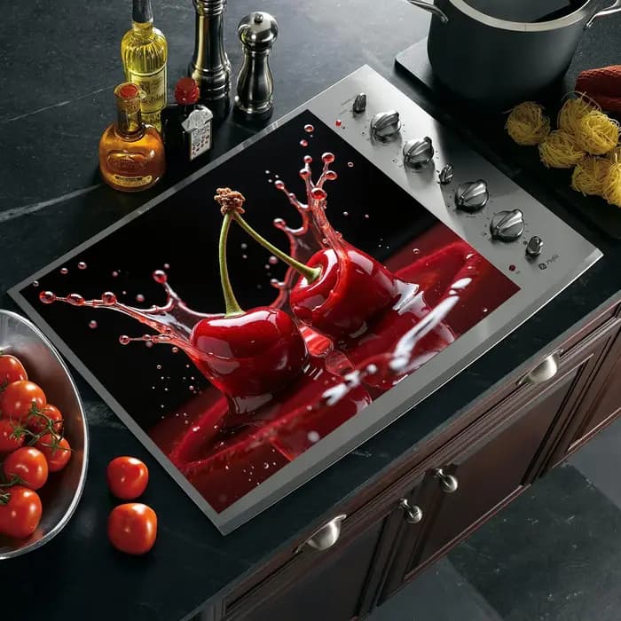 Housse de poêle Cherry Splash – Tapis en céramique résistant à la chaleur avec motif artistique cerise rouge pour cuisinières électriques