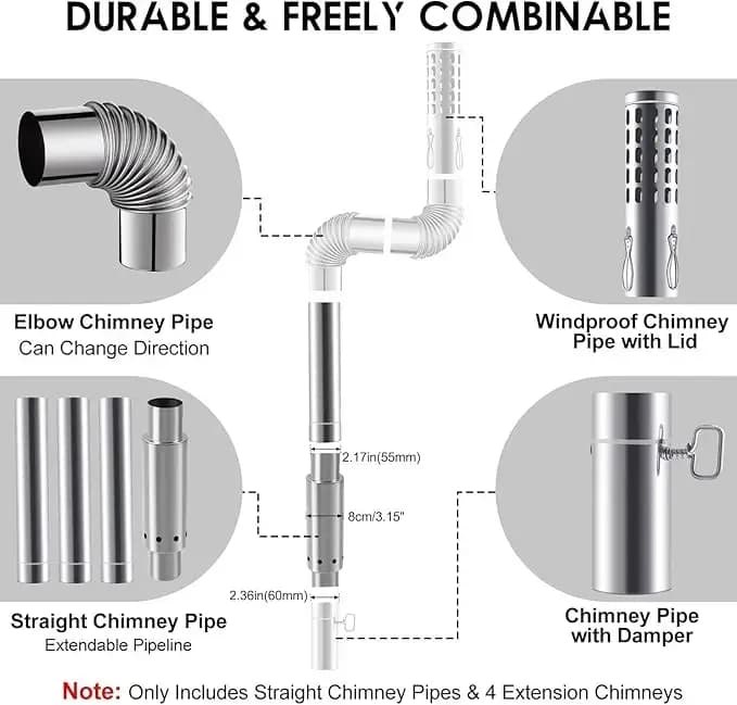 Change Moore 4 pièces ensemble de cheminée à brûlure secondaire technologie japonaise tuyau de poêle à bois sans fumée 1 Combustor 3 Extensions tente chaude de Camping