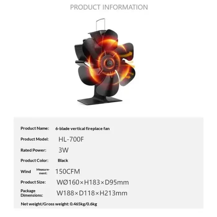 Ventilateur de foyer auto-alimenté à 6 pales pour poêle à bois
