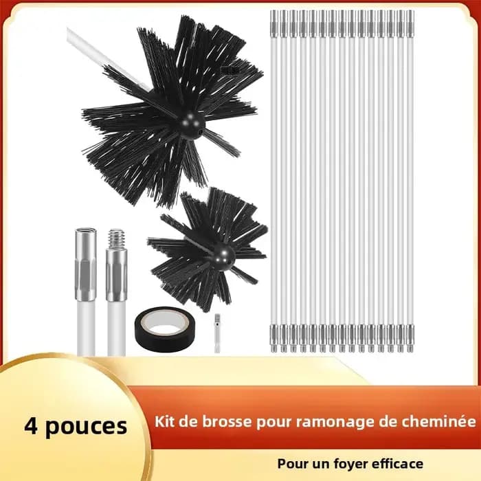 Kit de brosses pour nettoyage de cheminée avec têtes de brosse de 4 pouces et tiges extensibles flexibles pour conduits