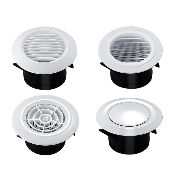 Grilles de ventilation murales réglables de diverses formes (75/100/125/150/200 mm) pour conduits ronds et soupapes d'extraction d'air