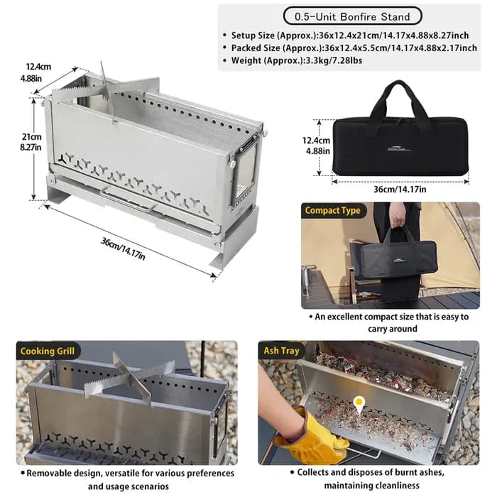 Soomloom Portable 0.5 unité feu de camp fosse en acier inoxydable poêle à bois pour tente cuisson barbecue chauffage extérieur cheminée multi-usage