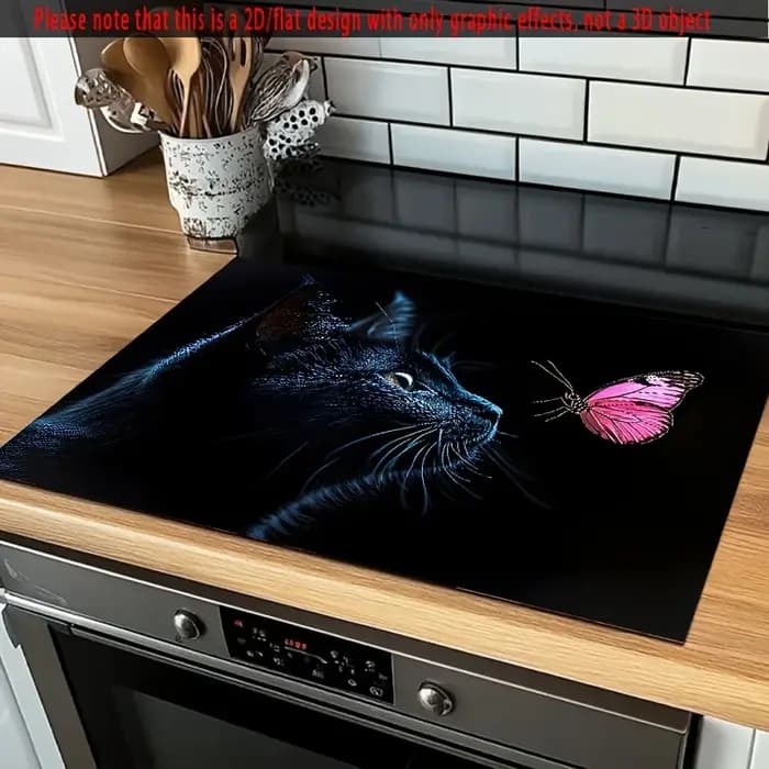Tapis de poêle chat et papillon noir – Protecteur en caoutchouc antidérapant résistant à la chaleur pour dessus de verre